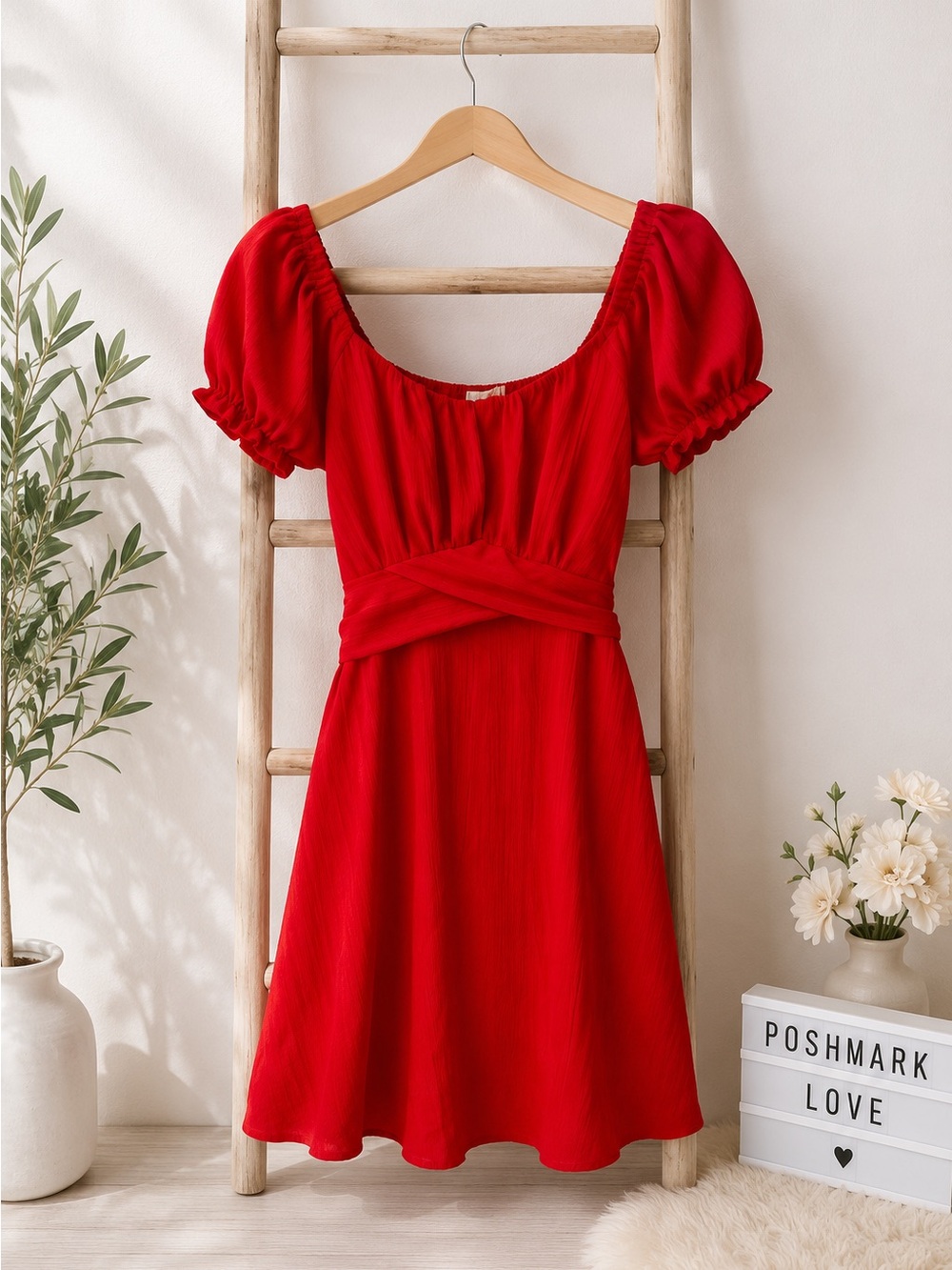 Women's Red Puff-Sleeve Mini Dress with Gathered Waist